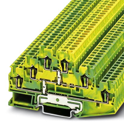 Phoenix Contact Ground - Multi-Level Terminal Block; ST 2.5-3PE; 3-Level; #28 - #12; Spring-cage Connection; Green-yellow